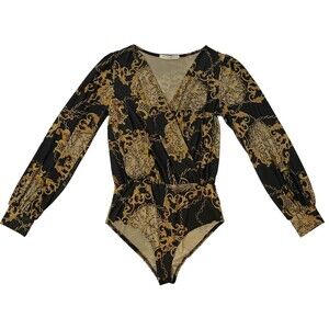 Nylon Apparel Bodysuit Womens Large Black Gold Baroque Chain Surplice USA